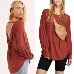 FREE PEOPLE Shimmy Shake V-Back Boho Blouse Top in Cowboy Rust Size S